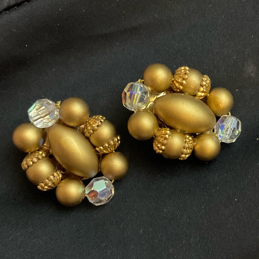 Vintage Gold Matte Beaded Clip On Earrings with AB Crystals